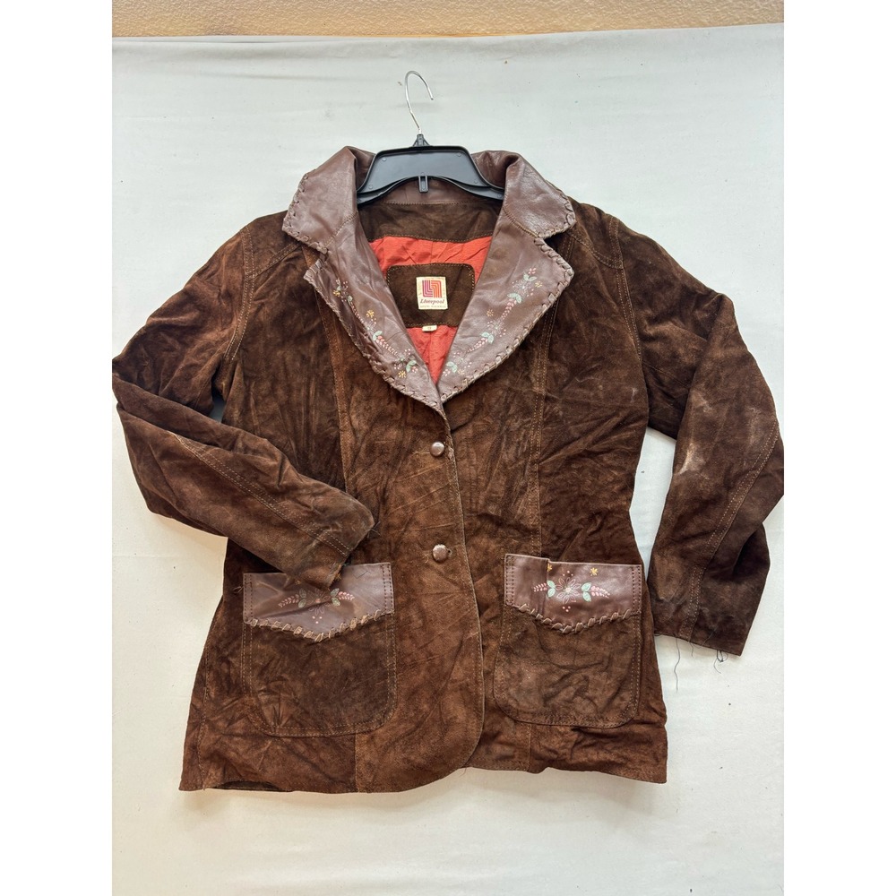 Vintage Liverpool Brown Suede Leather Western Jacket Floral Embroidered Size 13